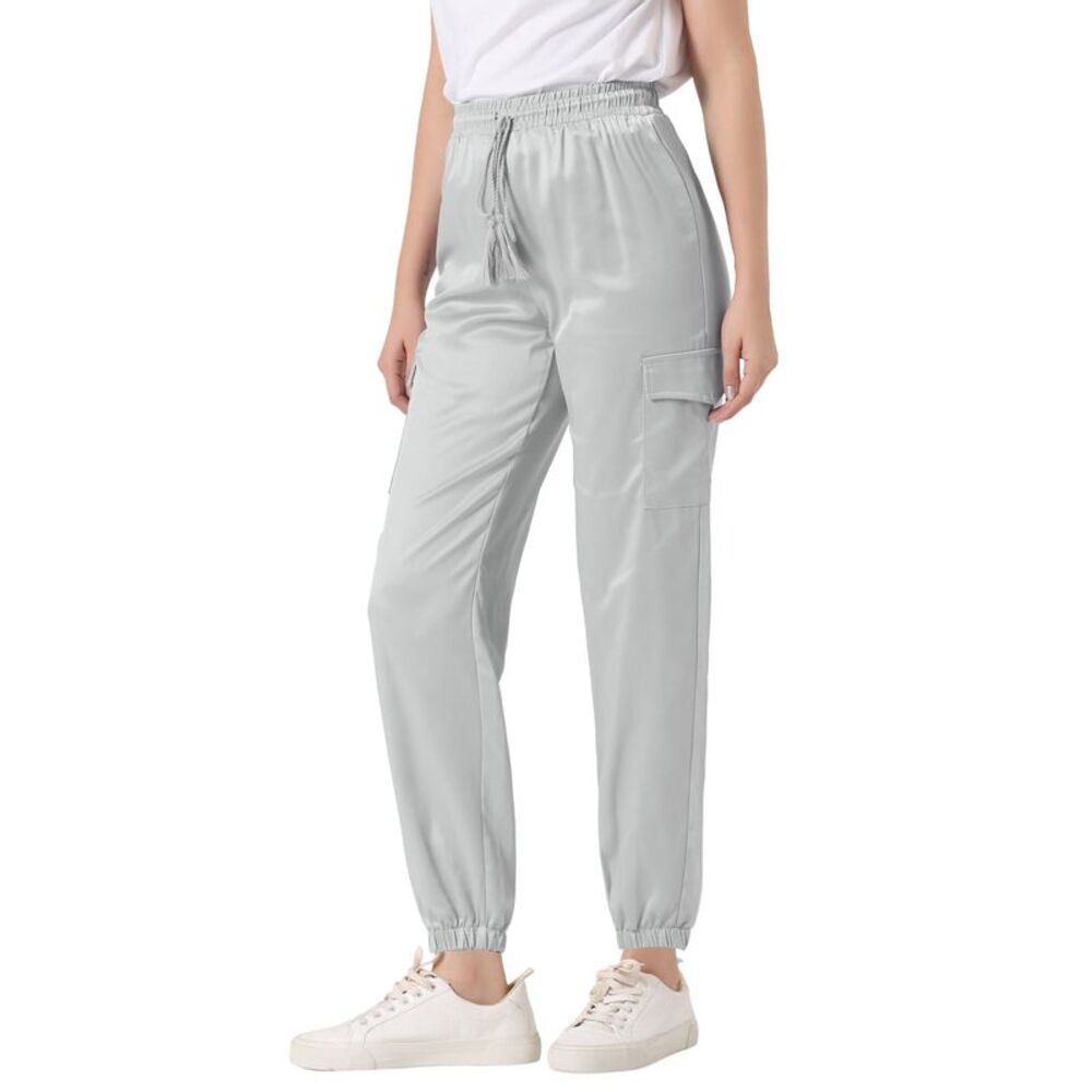 Satin Joggers Drawstring Elastic High Waist Shiny Silky Cargo Pants Light Grey